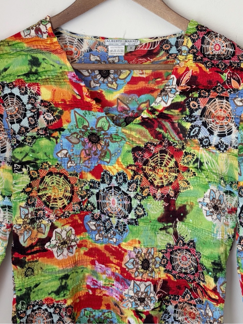Alberto Makali Vtg Vibrant Stretch Pleated Sequin Top Medium Maximalist Summer - Picture 2 of 5
